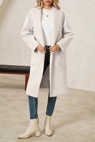 Womens Open Front Pea Coats Classic Lapel Long Trench Coats Loose Fall Winter Outwear with Pockets