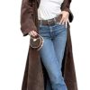 Womens Faux Suede Long Trench Coat Notched Lapel Double Breasted Pea Coat Overcoat with Belt