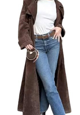 Womens Faux Suede Long Trench Coat Notched Lapel Double Breasted Pea Coat Overcoat with Belt