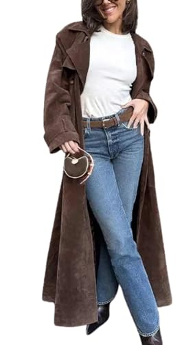 Womens Faux Suede Long Trench Coat Notched Lapel Double Breasted Pea Coat Overcoat with Belt
