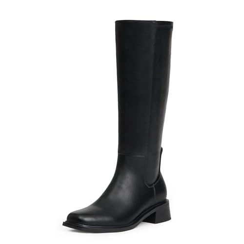 Knee High Boots for Women Low Heel Square Toe Side Zipper Fall Long Tall Boots Women Faux Leather Elastic Boots