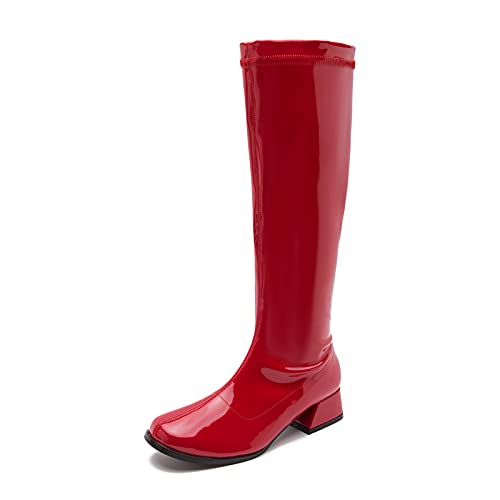 Gogo Boots for Women Square Toe Chunky Knee High Boots Side Zipper Boot Disco Costumes Dress Party Boots