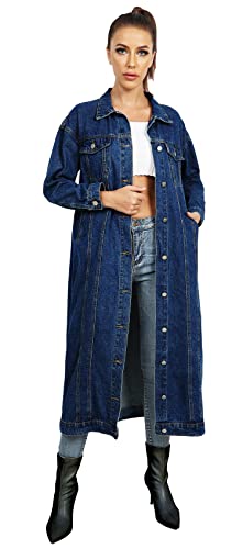 Womens Classic Jean Jacket Plus Size Loose Long Sleeve Button Down Denim Trench Coat