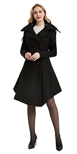 Long Trench Pea Coat for Women - Wool Winter Trench Coat Goth Lapel Peacoat Outwear Thick Hood Pea Jacket Trenchcoat
