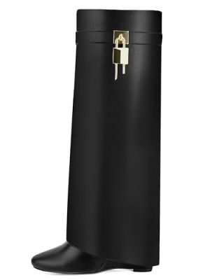 Fold Over Knee High Boots for Women Pointy Pull-on Wedge Heel Knee Shark Boot With Side Zipper Covered Wedge Heel Padlock Boot