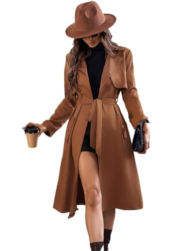 Women’s Long Sleeve Jackets Short Coats Lapel Neck Belted Slant Pocket Coat