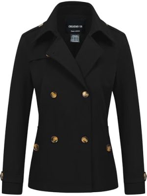 Women's Cropped Trench Coat Classic Double Breasted Lapel Jacket Water Repellent Outerwear