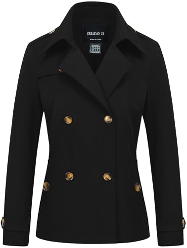 Women's Cropped Trench Coat Classic Double Breasted Lapel Jacket Water Repellent Outerwear
