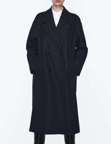Women's Notched Collar Wool Blend Pea Coat Winter Double Breasted Trench Coat Long Oversized Button Down Overcoats