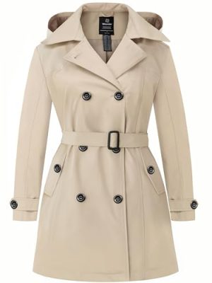 Women's Plus Size Trench Coat Double-Breasted Waterproof Lapel Overcoat Stylish Pea Coat with Detachable Hood