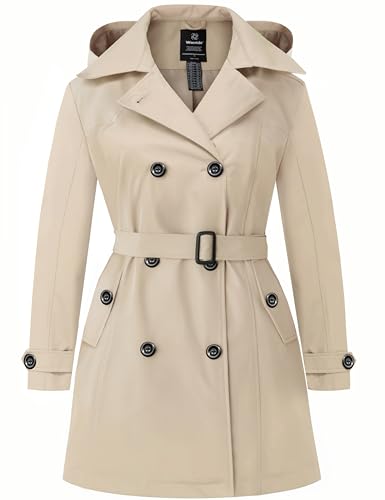 Women's Plus Size Trench Coat Double-Breasted Waterproof Lapel Overcoat Stylish Pea Coat with Detachable Hood