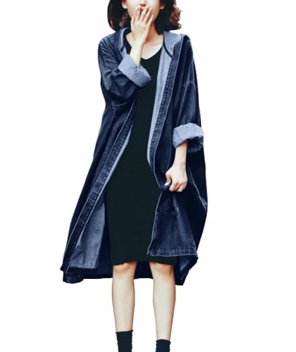 Women's Casual Hooded Denim Jacket Open Front Loose Fit Boyfriend Jean Long Trench Coat with Hood