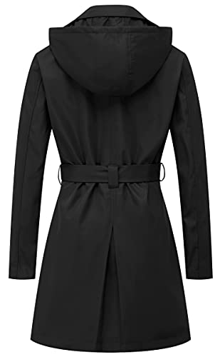 Women's Double Breasted Trench Coats Mid-Length Belted Overcoat Long Dress Jacket with Detachable Hood