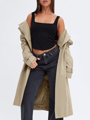 Women's Double Breasted Trench Coats Causal Windproof Long Lapel Pocketed Overcoat with Belt