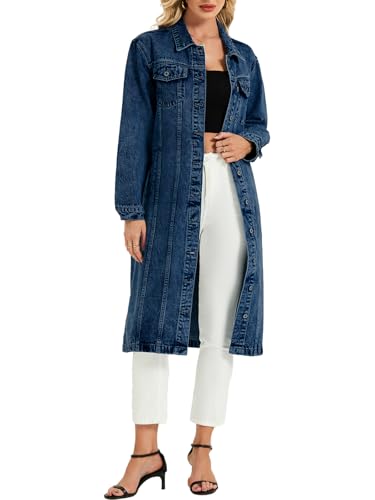 Women Denim Jacket Button Down Maxi Long Jean Trench Coat With Pocket