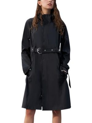 Women's Single Breasted Long Trench Coat Windproof Raincoat Outerwear Lightweight Windbreaker with Blet & Hood