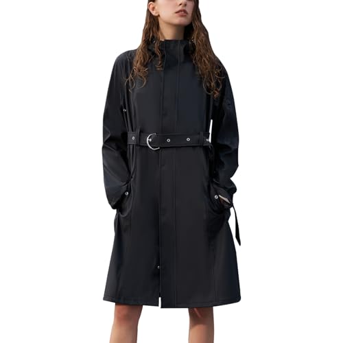 Women's Single Breasted Long Trench Coat Windproof Raincoat Outerwear Lightweight Windbreaker with Blet & Hood