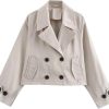 Women's Casual Short Trench Coat Long Sleeve Lapel Double Breasted Jacket Four Season Solid Color Outerwear