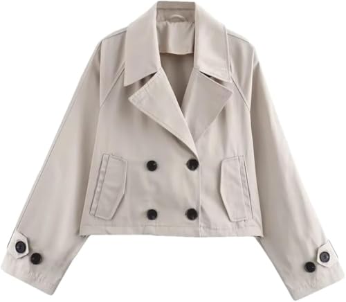 Women's Casual Short Trench Coat Long Sleeve Lapel Double Breasted Jacket Four Season Solid Color Outerwear