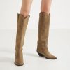 Suede Knee High Boots for Women Pointed Toe Cowboy Boots Chunky Low Heels Tall Long Boots Dressy Pull on Wide Calf Fashion
