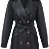 Women Faux Leather Long Jacket,Double Breasted Spring Fall Pleather Casual Lapel Mid Length Trench Coat with Belt