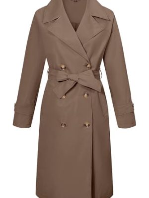 Women Trench Coats Loose Fit, Double Breasted Spring Fall Water Resistant Thin Long Jacket Belted Overcoat