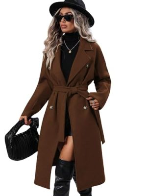 Womens Long Wool Pea Coat Notched Lapel Double Breasted Trench Coat Winter Warm Overcoat with Belt