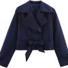 Women's Lightweight Short Jacket Double-Breasted Lapel Long Sleeve Trench Coat Lace Up Trendy Outerwear