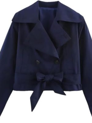 Women's Lightweight Short Jacket Double-Breasted Lapel Long Sleeve Trench Coat Lace Up Trendy Outerwear