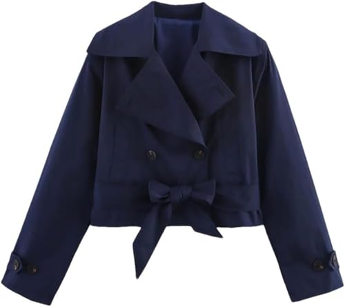 Women's Lightweight Short Jacket Double-Breasted Lapel Long Sleeve Trench Coat Lace Up Trendy Outerwear