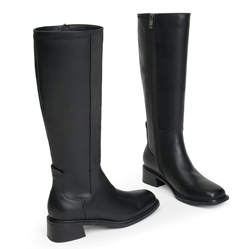 Knee High Boots for Women Low Heel Square Toe Side Zipper Fall Long Tall Boots Women Faux Leather Elastic Boots