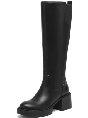 Women's Knee High Boots Chunky Block Heel Boots Stretch Calf Round Toe Side Zipper Platform Tall Boots Fall Comfort Long Boots