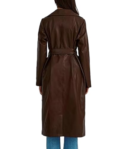 Women's Faux Leather Trench Coat Notched Lapel PU Leather Long Coat Open Front Motorcycle Belted Maxi Jacket