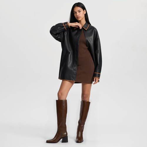 Women's Knee High Boots with Zipper Square Toe Chunky Heeled Tall Boots