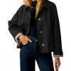Womens Cropped Trench Coat Classic Collar Oversized Casual Jackets with Checkered Lining (Black-L)