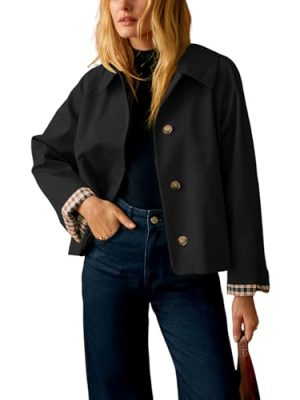 Womens Cropped Trench Coat Classic Collar Oversized Casual Jackets with Checkered Lining (Black-L)
