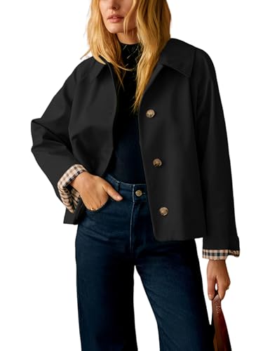 Womens Cropped Trench Coat Classic Collar Oversized Casual Jackets with Checkered Lining (Black-L)