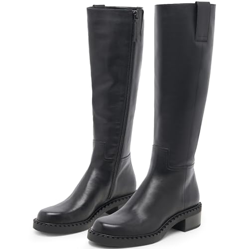Women Knee High Boots Faux Leather Long Boots Low Chunky Heel Square Toe Side Zipper Fall Tall Boots