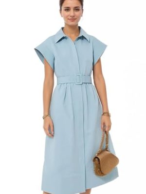 Womens Turn Down Collar Shirt Dress Short Wing Sleeve Button Down Dress Trench Coat Formal Elegant Dress With Belt