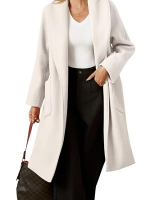 Womens Open Front Pea Coats Classic Lapel Long Trench Coats Loose Fall Winter Outwear with Pockets