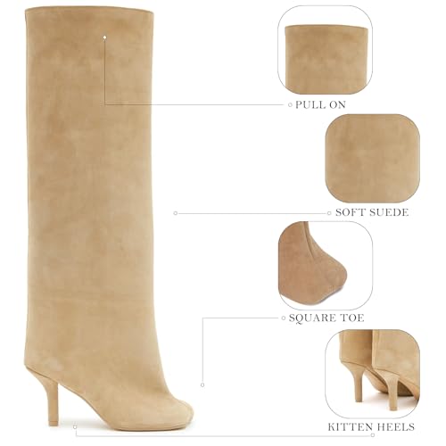 Women's Suede Knee High Boots Square Toe Stiletto Heels Wide Calf Tall Boots