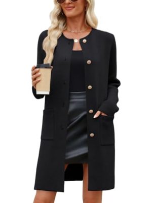 Women’s Fall Long Cardigan Sweater Crewneck Button Down Coat 2025 Coatigan Outerwear with Pocket
