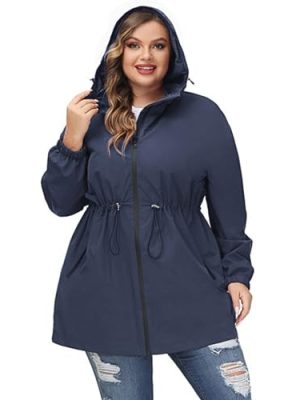 Women's Plus Size Long Hooded Raincoat Lightweight Waterproof Windbreaker Jacket