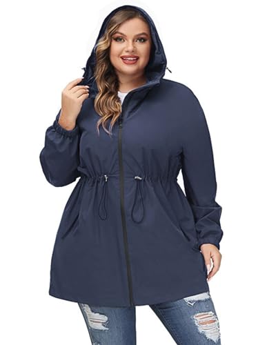 Women's Plus Size Long Hooded Raincoat Lightweight Waterproof Windbreaker Jacket