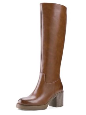 Platform Knee High Boots for Women Block Chunky Heel Round Toe Side Zipper Tall Boots