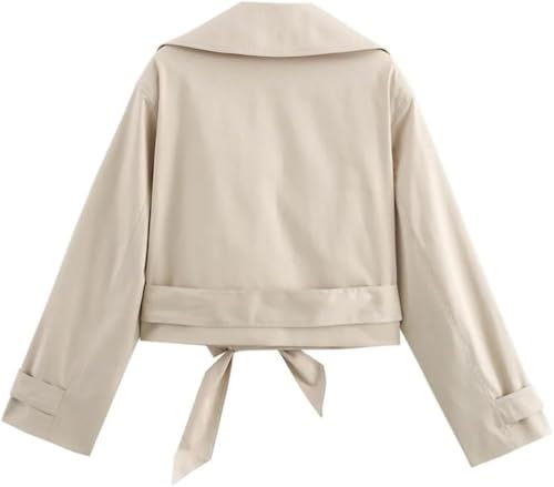 Women's Lightweight Short Jacket Double-Breasted Lapel Long Sleeve Trench Coat Lace Up Trendy Outerwear