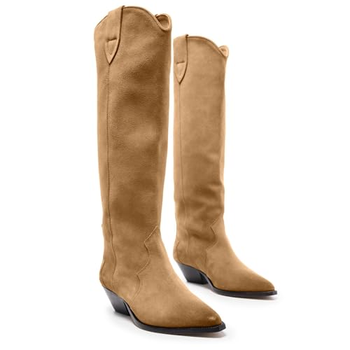 Suede Knee High Boots for Women Pointed Toe Cowboy Boots Chunky Low Heels Tall Long Boots Dressy Pull on Wide Calf Fashion