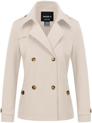 Women's Cropped Trench Coat Classic Double Breasted Lapel Jacket Water Repellent Outerwear