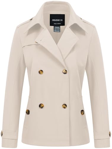 Women's Cropped Trench Coat Classic Double Breasted Lapel Jacket Water Repellent Outerwear