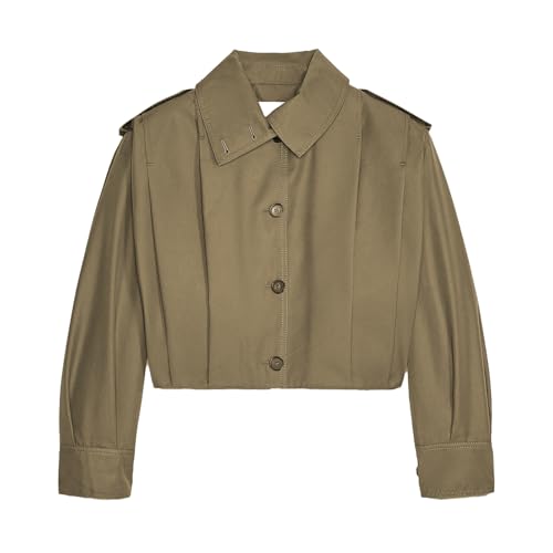 Women's Cropped Trench Coat Casual Long Sleeve Button Down Lapel Short Pleated Jacket Fall Fashion Outerwear